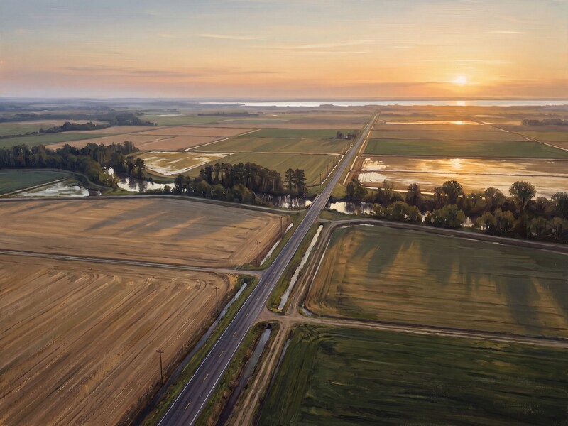 A two-lane road running straight through Arkansas Delta farmland toward the horizon, water glinting between the fields.